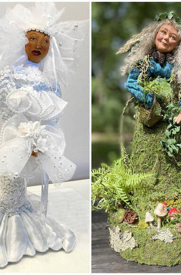 Hand crafted dolls: Grandmother Forest by Juniper Mainelis and Mermaid Bride by Mary D. 平克尼
